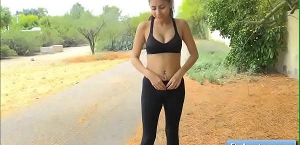  Sexy natural big tit brunette amateur Nina goes for a run and masturbate with a ripe banana in the woods